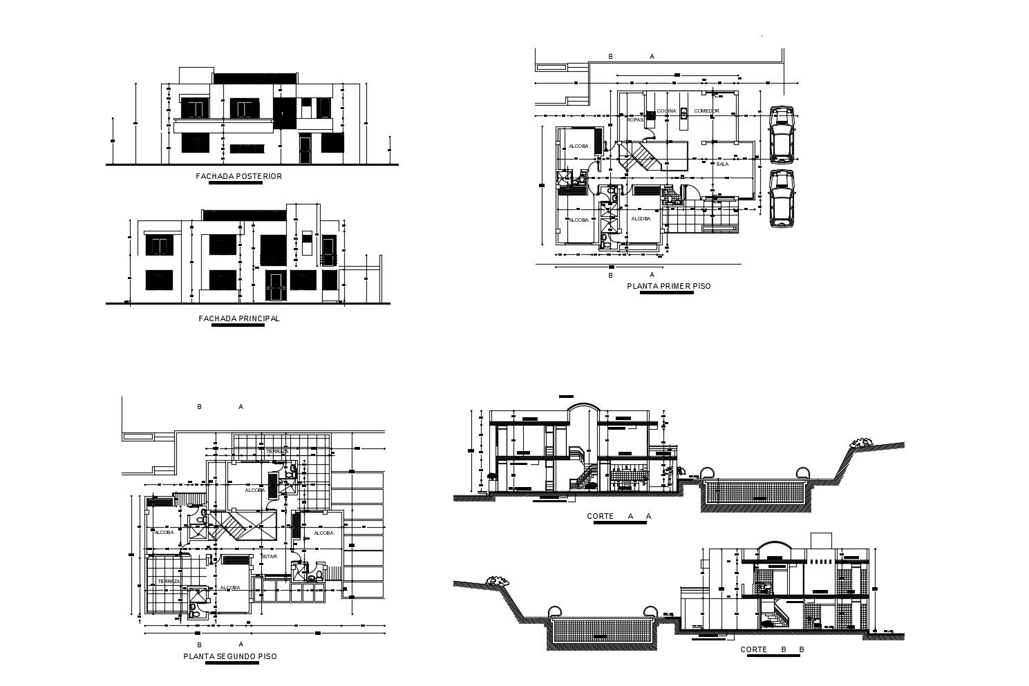 2 storey bungalow with elevation and section in dwg file