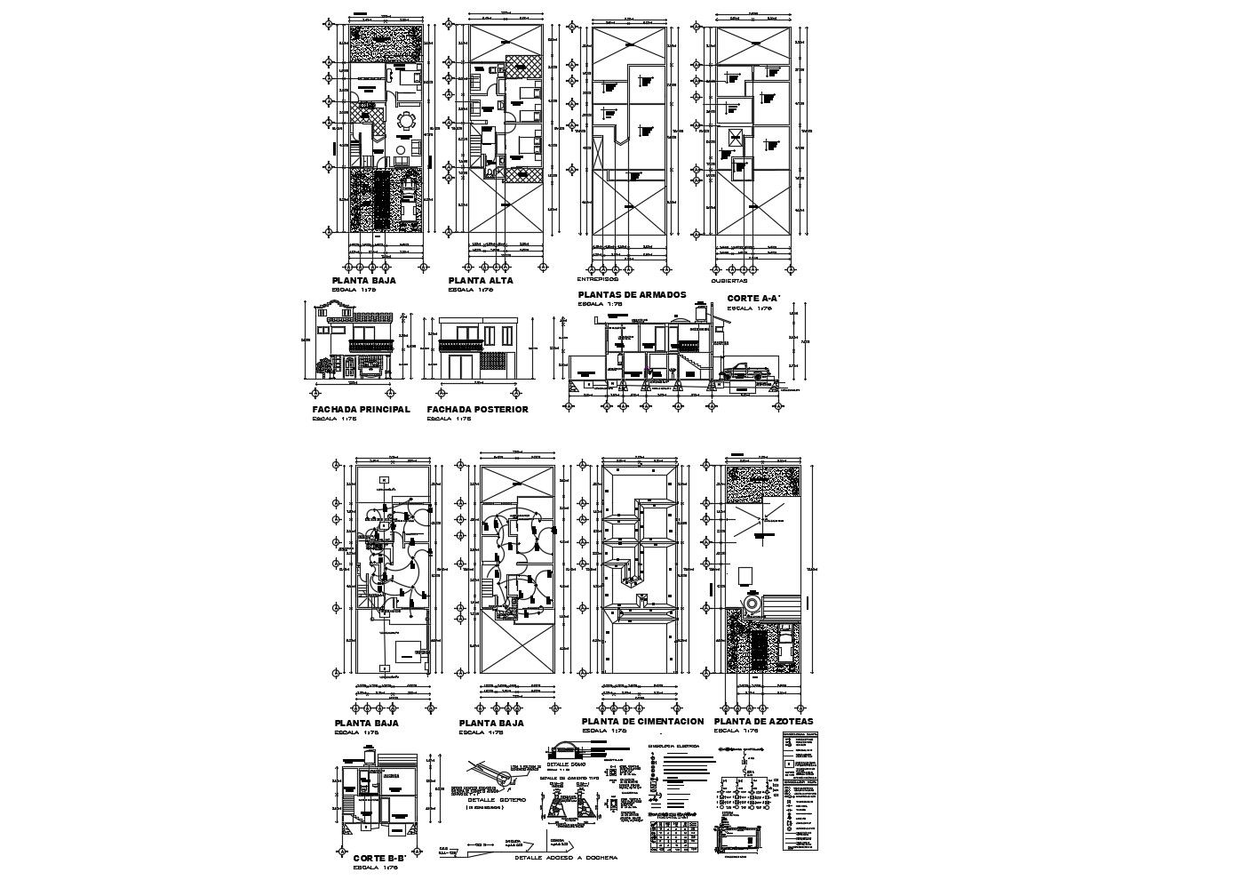 2 storey house 7.0mtr x 19.45mtr with elevation and section in dwg file