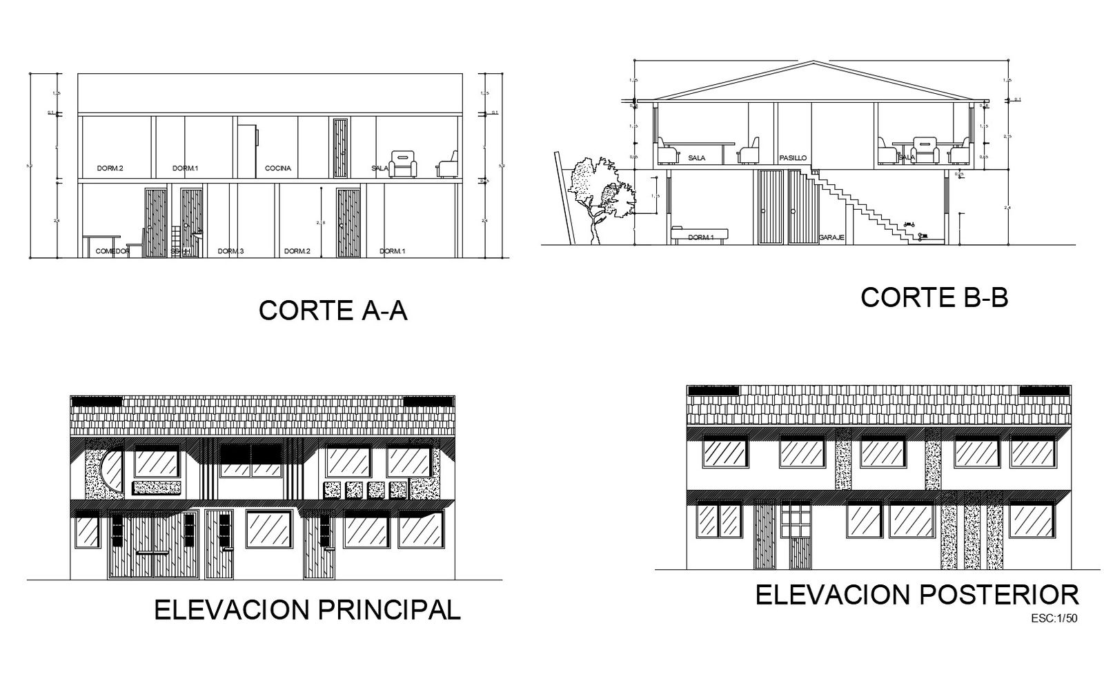 2 storey house design with elevation and section in AutoCAD