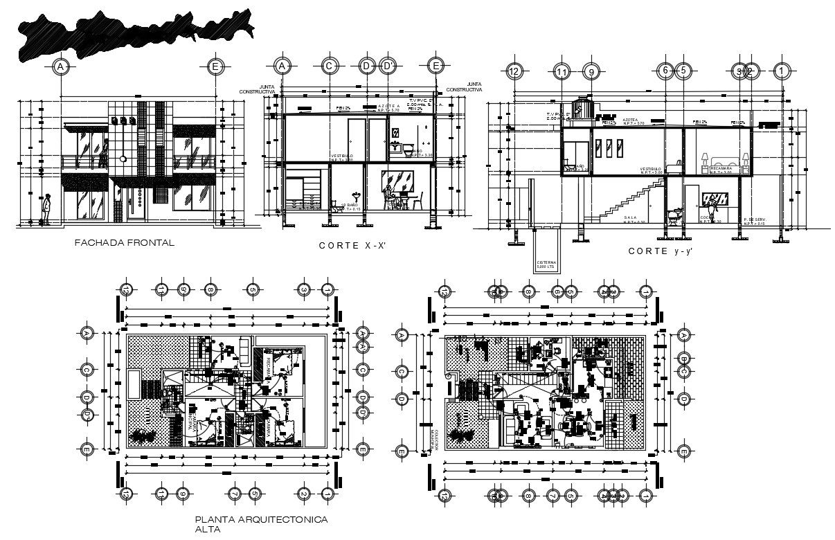 2 storey house design with elevation and section in autocad