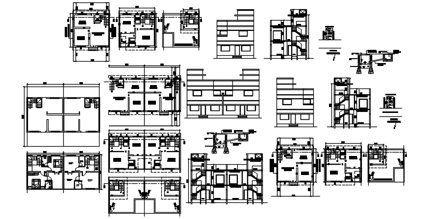 2 storey house plan 7.37mtr x 6.97mtr with section and elevation in AutoCAD