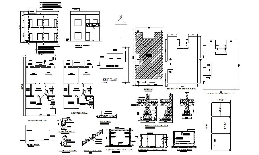 2 storey house plan with foundation details in dwg file