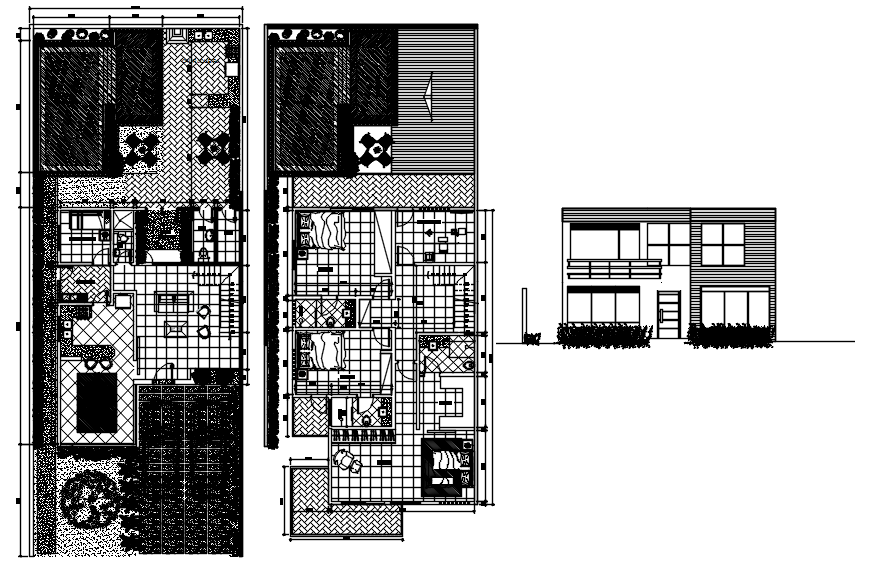 2 storey house plan with interior design in dwg file