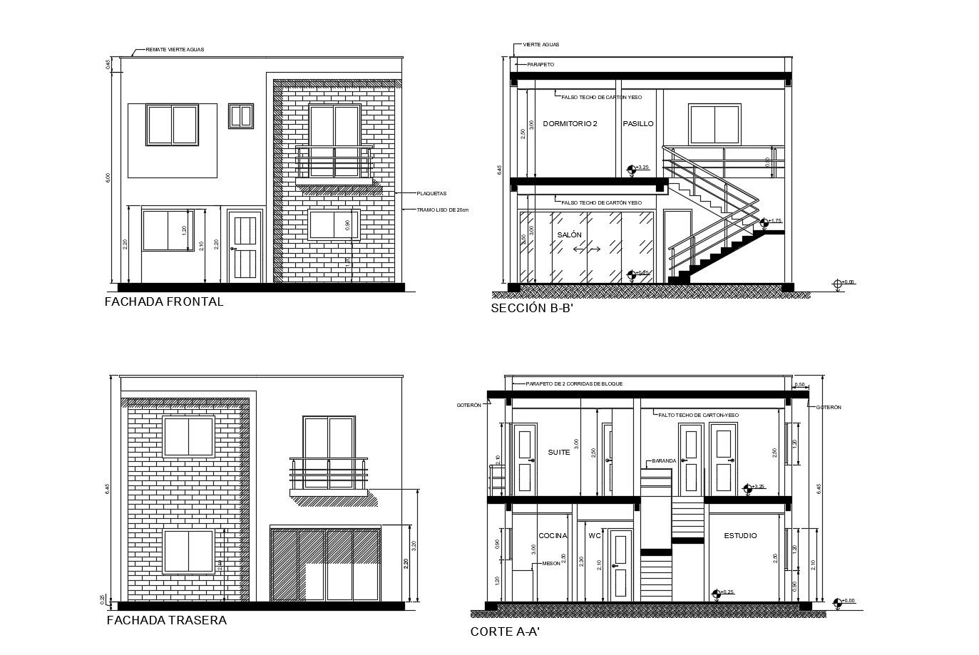 2 storey house with elevation and section in AutoCAD