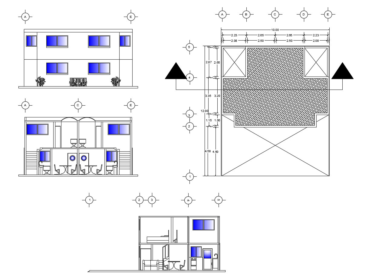 2 storey house with roof plan in dwg file 