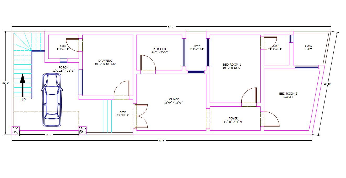 20' X 63' Car parking 2 BHK House Ground Floor Plan DWG File