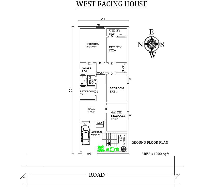 20'X50' Splendid 3 BHK West Facing House Plan As Per Vasthu Shastra Autocad DWG and Pdf file details