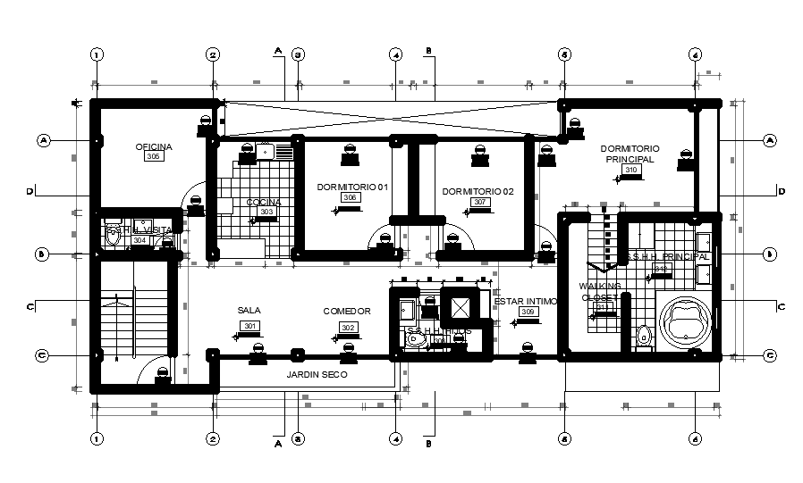 200 Square Meter House Plan With Centre Line CAD Drawing Download DWG File