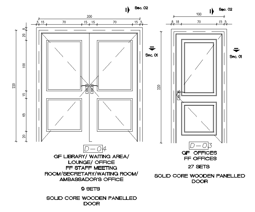 200x220cm Solid core wooden paneled door AutoCAD drawing