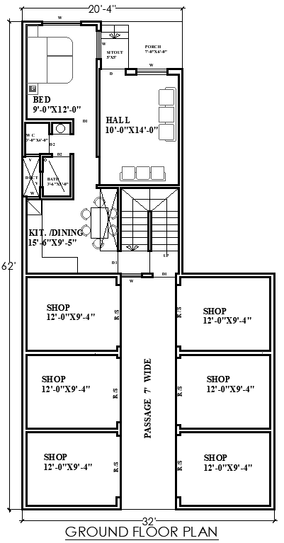 20.4ft x 62ft Ground Floor House and Shop Plan Design – AutoCAD DWG File