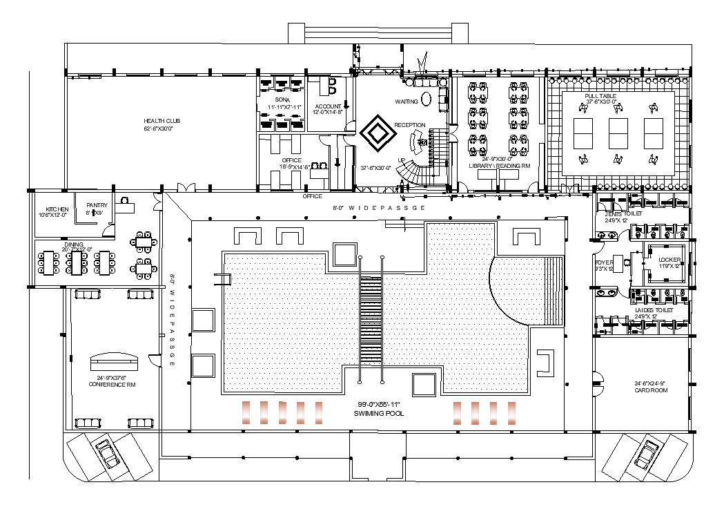 207’x156’ club house plan is given in this AutoCAD drawing file. Download now.