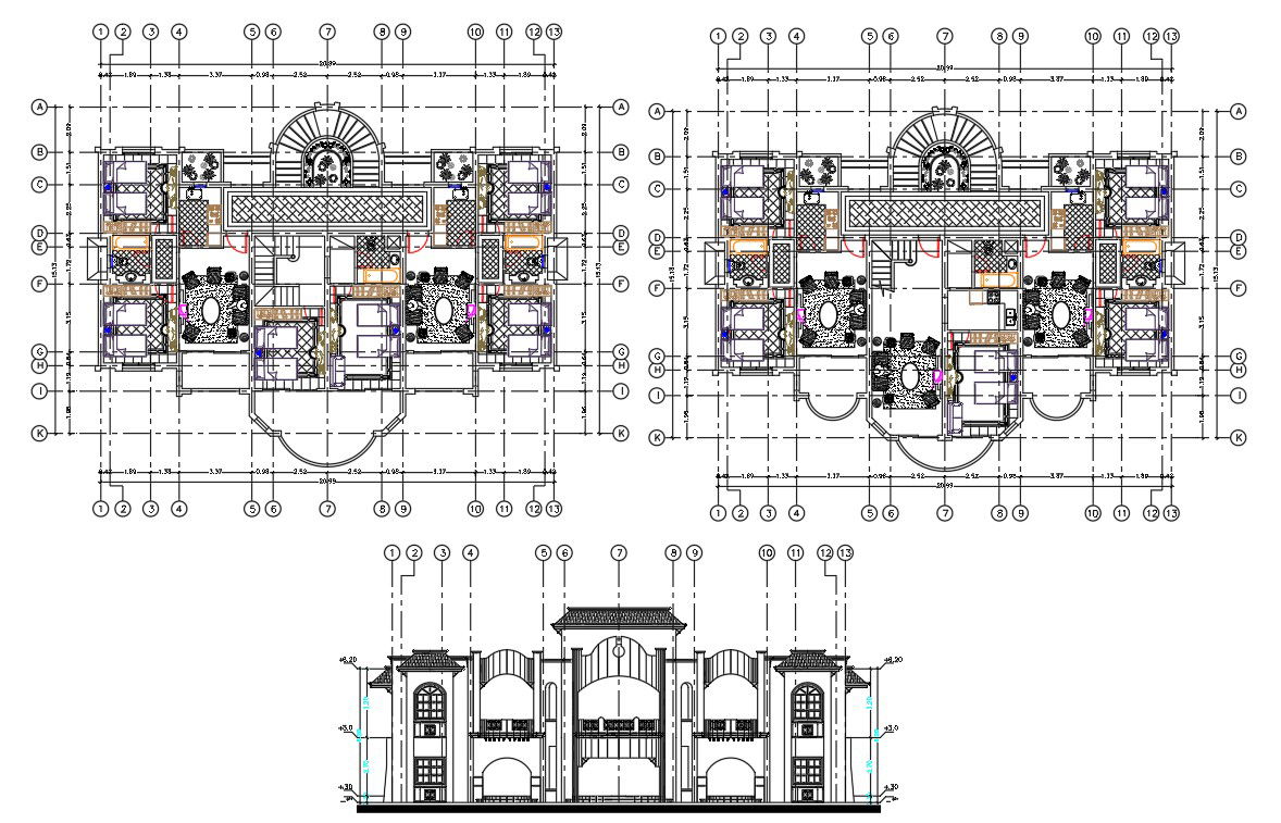 20.99X15.33 m twin house floor plan and elevation design.Download the DWG file.