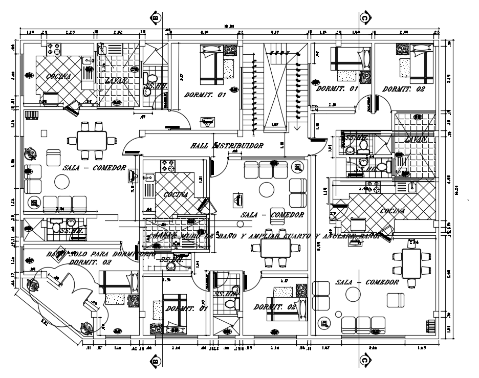 20X15 Meter 2 BHK Apartment Layout Plan Drawing DWG File