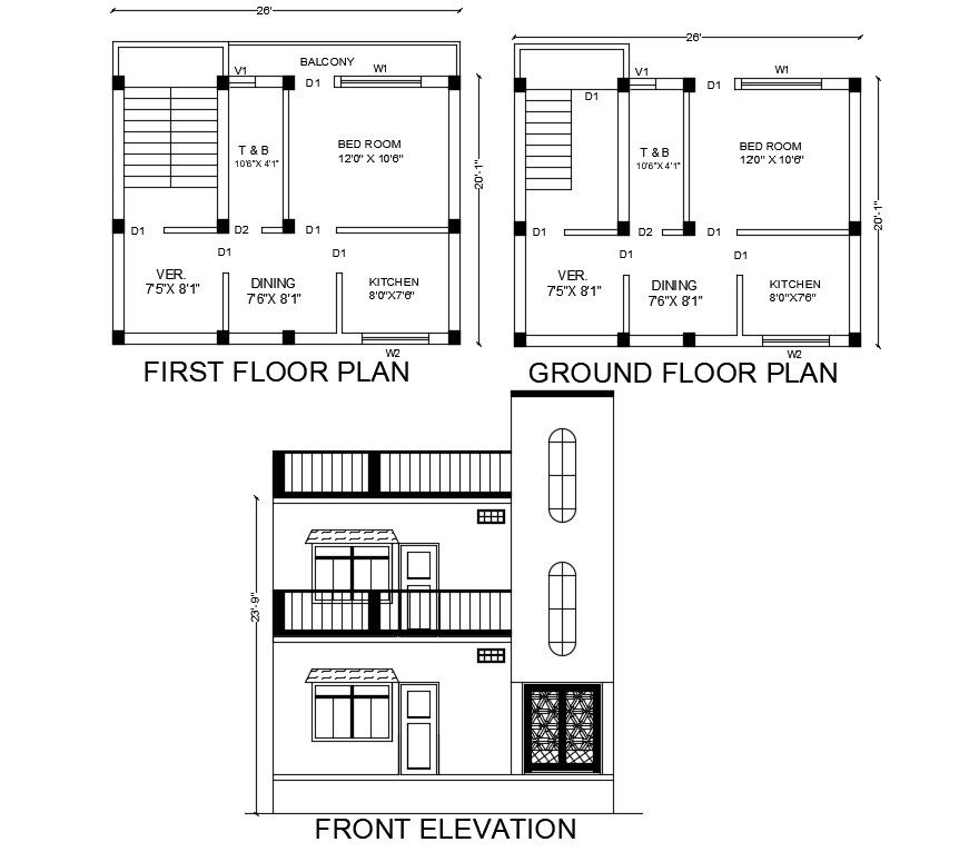 20x25 House Plan and Elevation AutoCAD Drawing for Residential Design