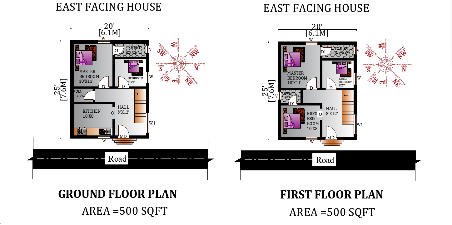 20'X25' colorful 2bhk East facing Ground and First floor House Plan,Autocad DWG and Pdf file details.