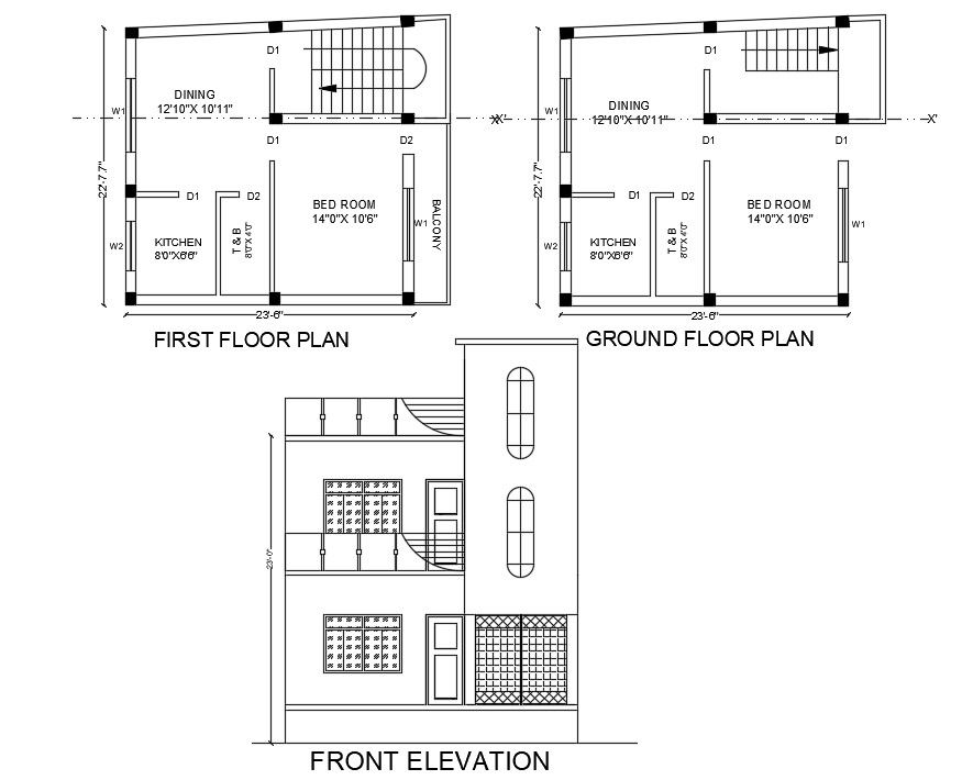 20X26 House Ground Floor And First Floor Plan With Front Elevation DWG File