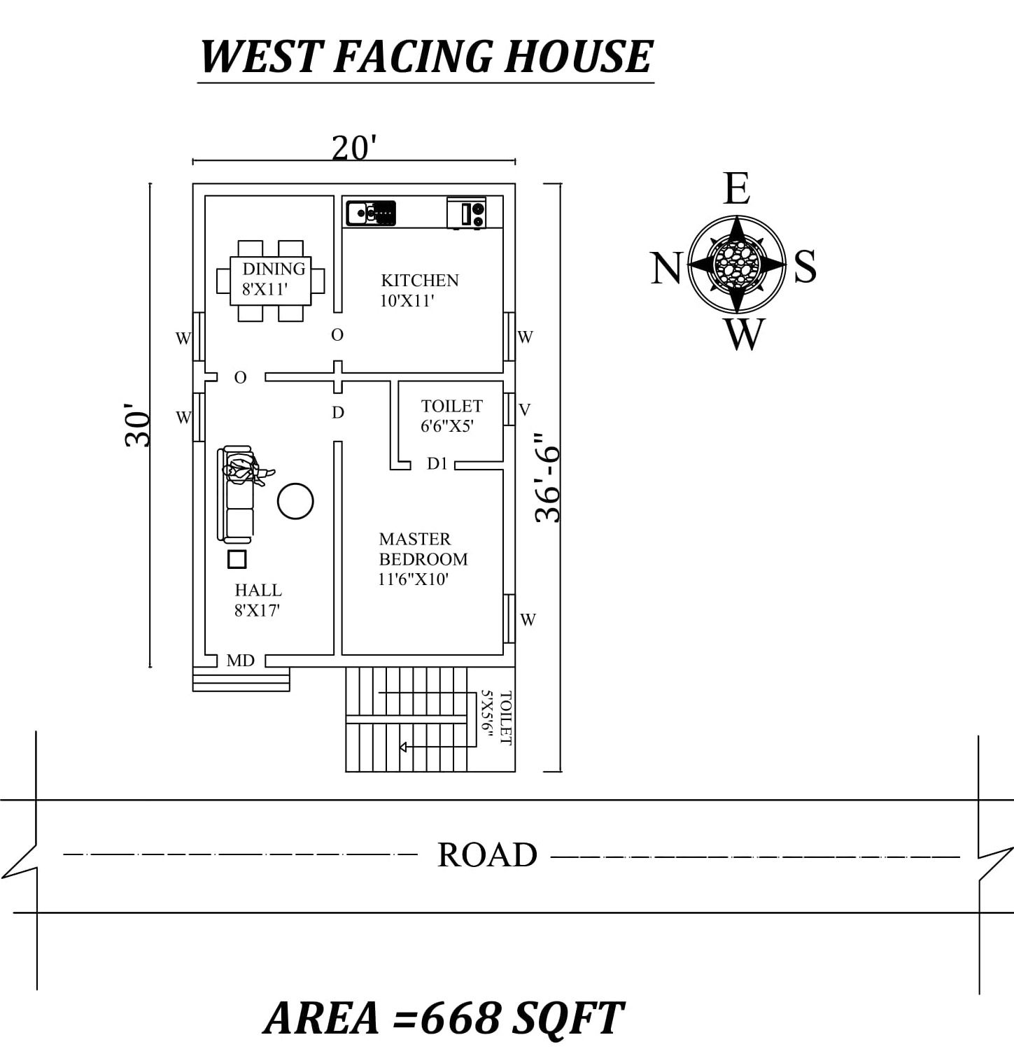 20'X30' Single bhk West facing House Plan As Per Vastu Shastra,Autocad DWG file Details.
