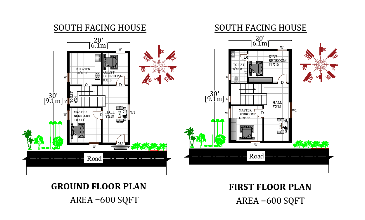 2BHK South-facing House Plan 20X30 Plus One Layout Vastu CAD File