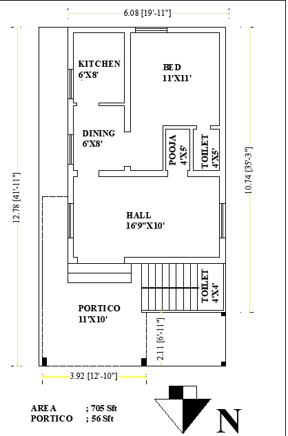 20'X42' North facing one bhk house plan as per Vastu Shastra. Download Autocad DWG and PDF file.