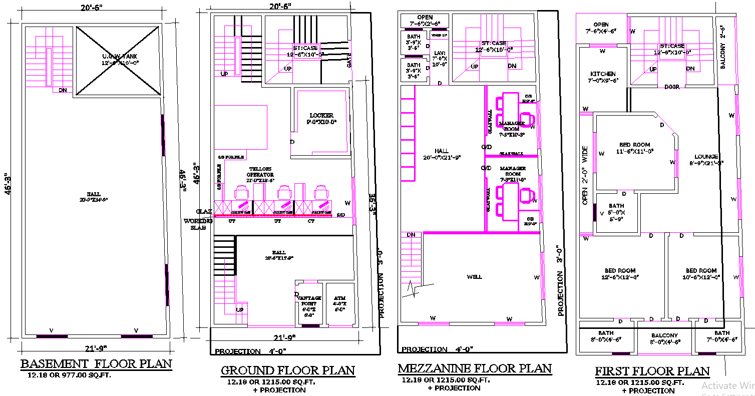 20x47 Mixed-Use Building Plan in CAD with Bank and Residence