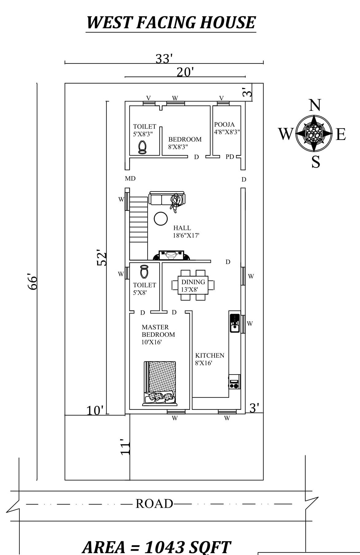 20'X52' 2bhk west-facing House Plan As Per Vastu Shastra,Autocad DWG and Pdf file details.