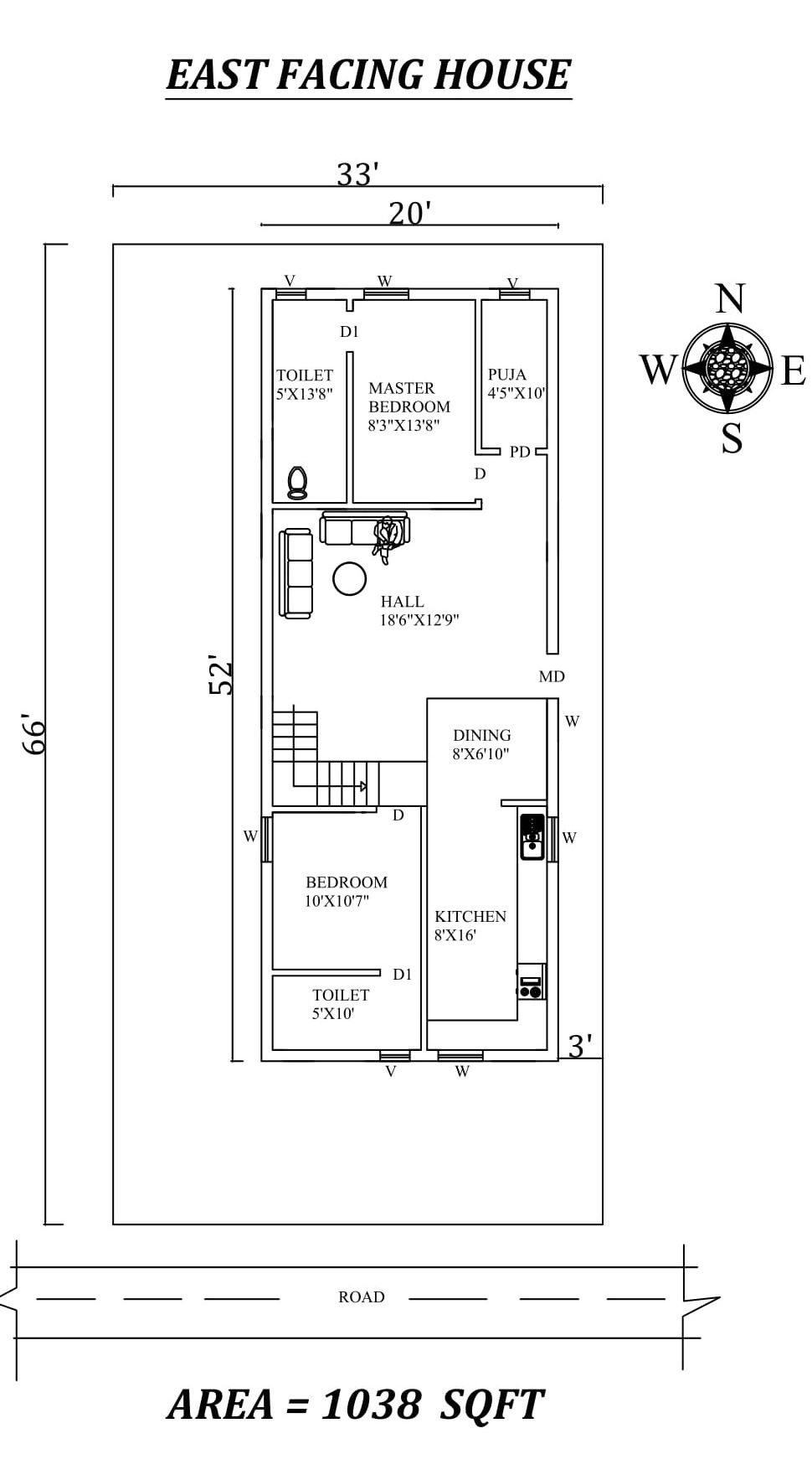 20'X52' The Perfect 2bhk East facing House Plan As Per Vastu Shastra,,Autocad DWG and Pdf file details