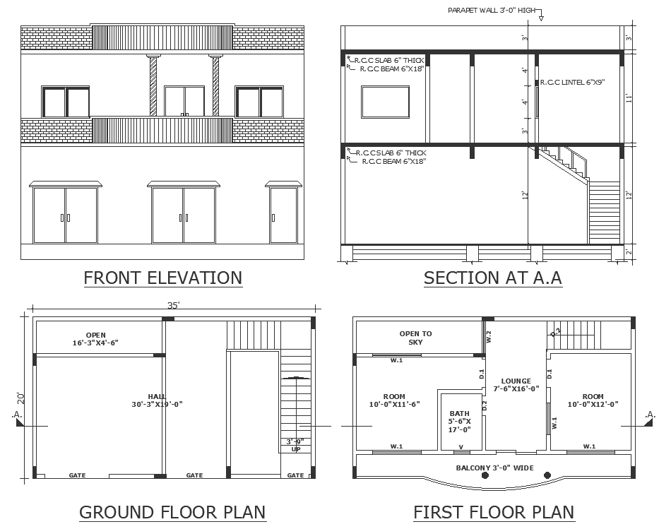 20ft X 35ft small two bhk house plan section and elevation detail DWG autoCAD drawing