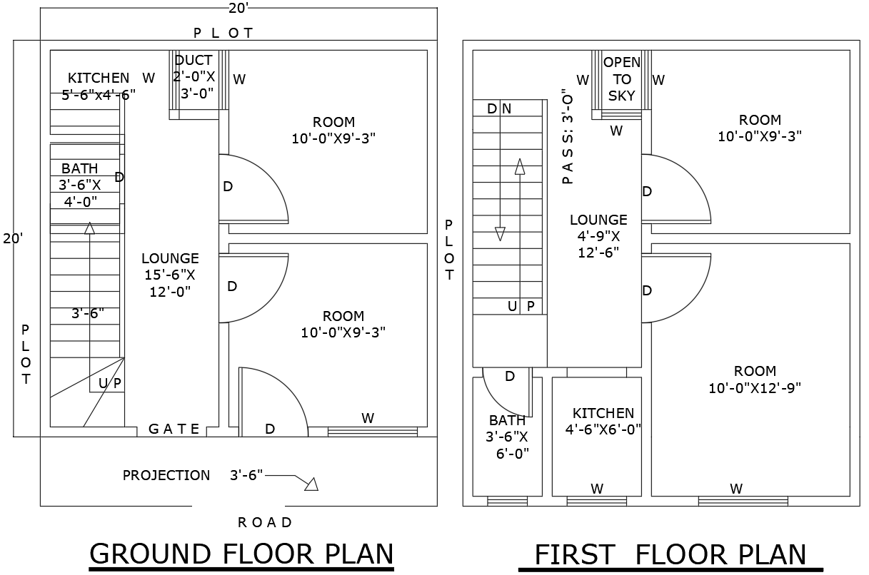 20ft x 20ft Ground and First Floor House Plan Design – AutoCAD DWG File