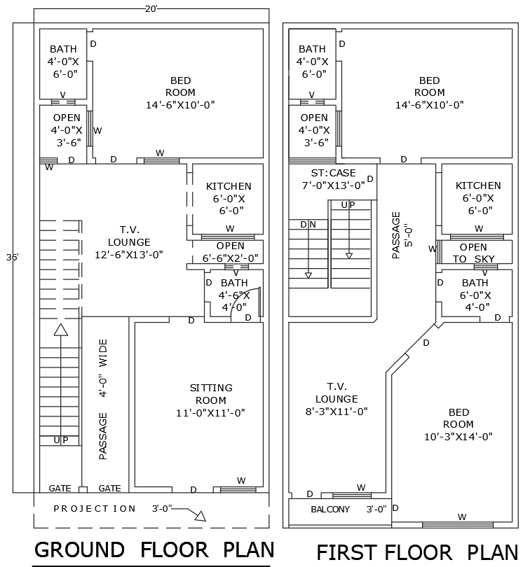 Compact 3BHK House Plan 20ftx36ft Ground 1st Floor DWG File