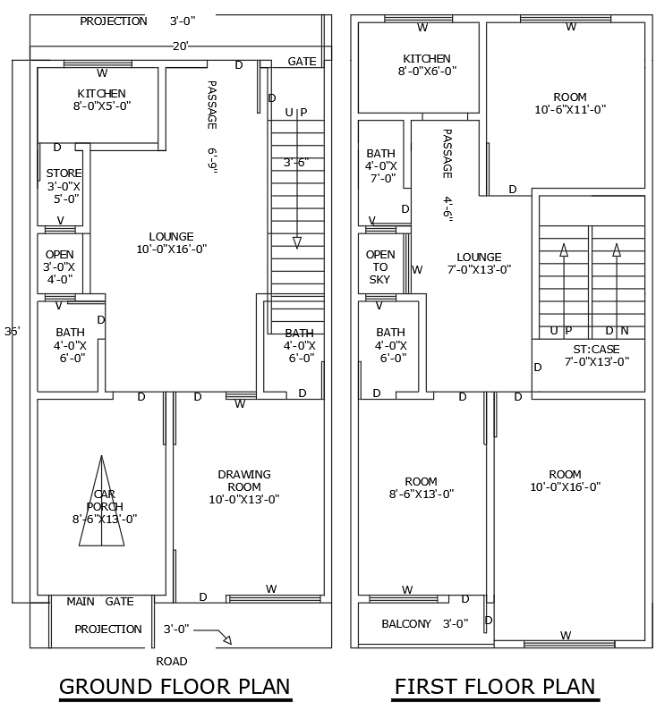 20ftx36ft 3BHK AutoCAD Floor Plan with Two-Level Design