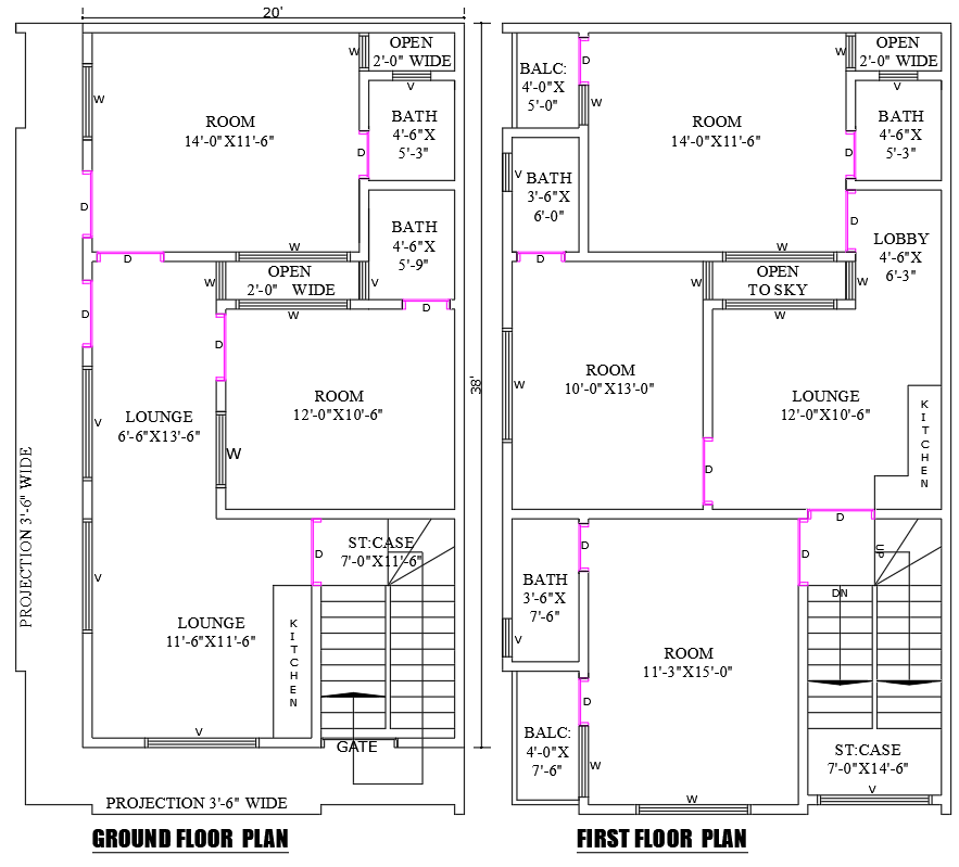 20ftx38ft 5BHK House Plan with Ground & First Floor DWG File