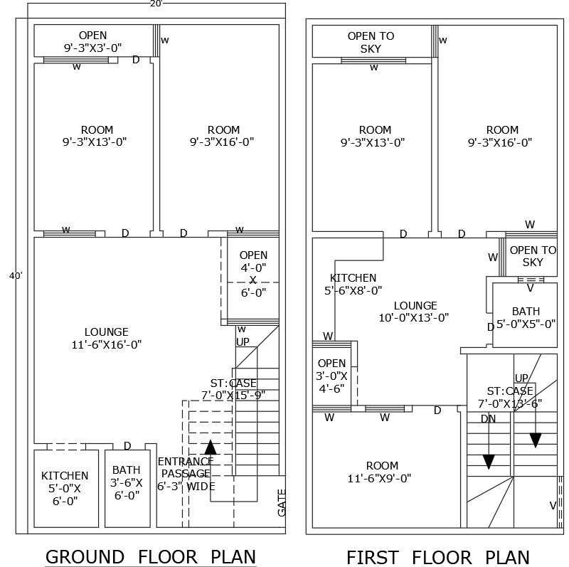 20x40ft 5BHK House Plan Ground First Floor in DWG File