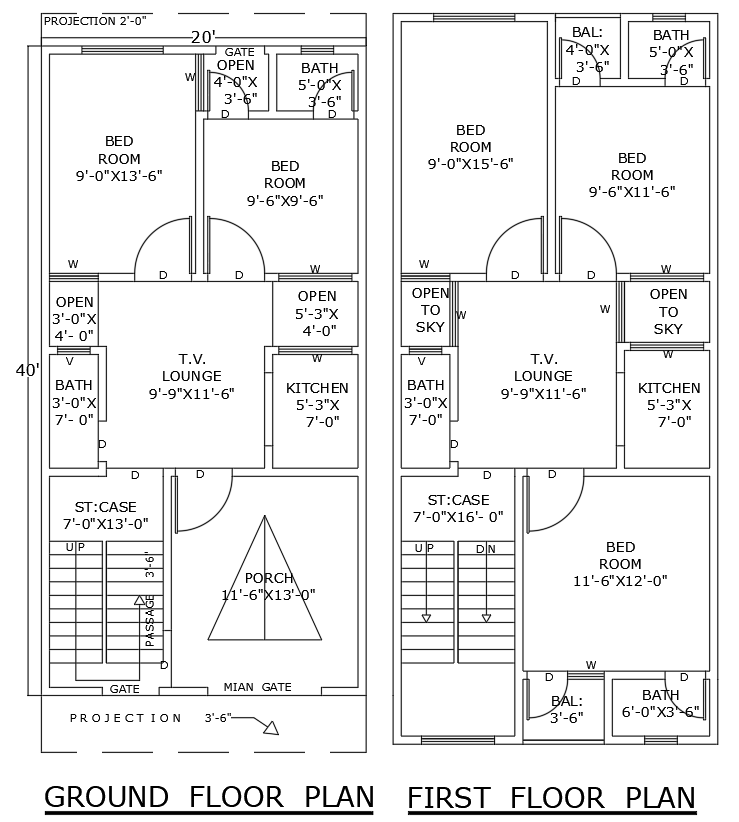 20ftx40ft 5BHK House Layout with Two Floor DWG File