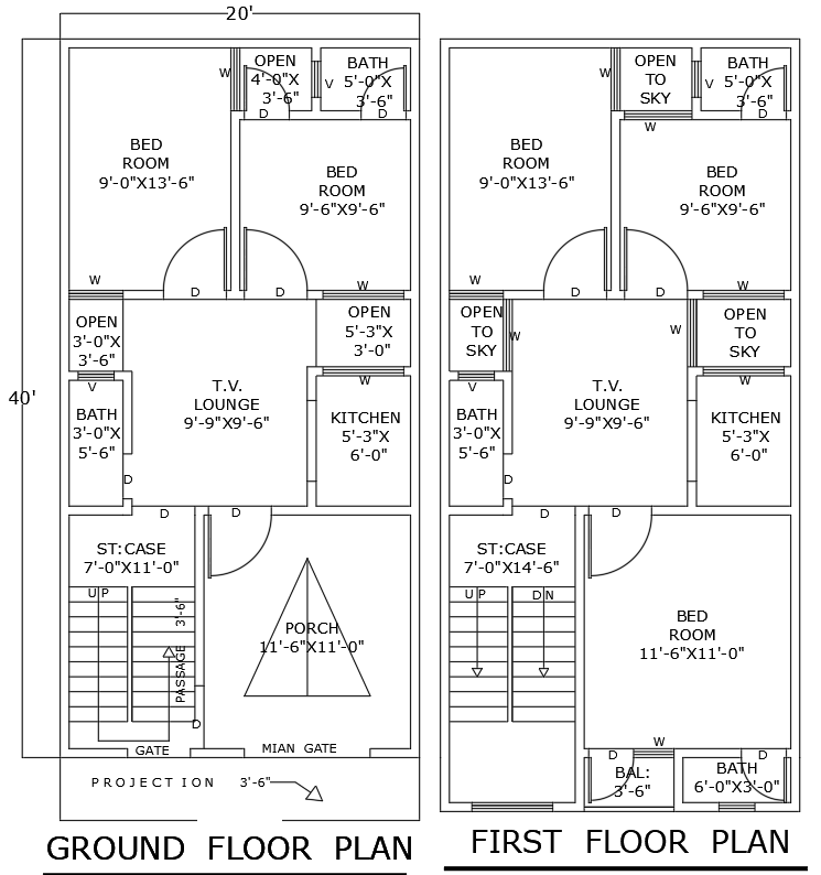 20ft x 40ft Ground and First Floor House Plan with 5BHK Design – AutoCAD DWG File