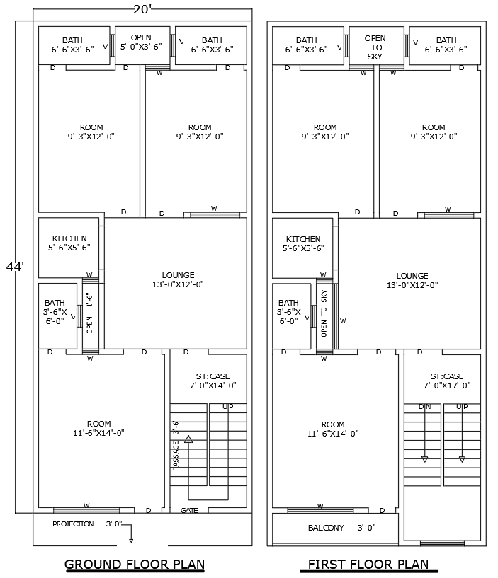 20ftx44ft 6BHK House Plan with Two Floor Layout DWG Plan