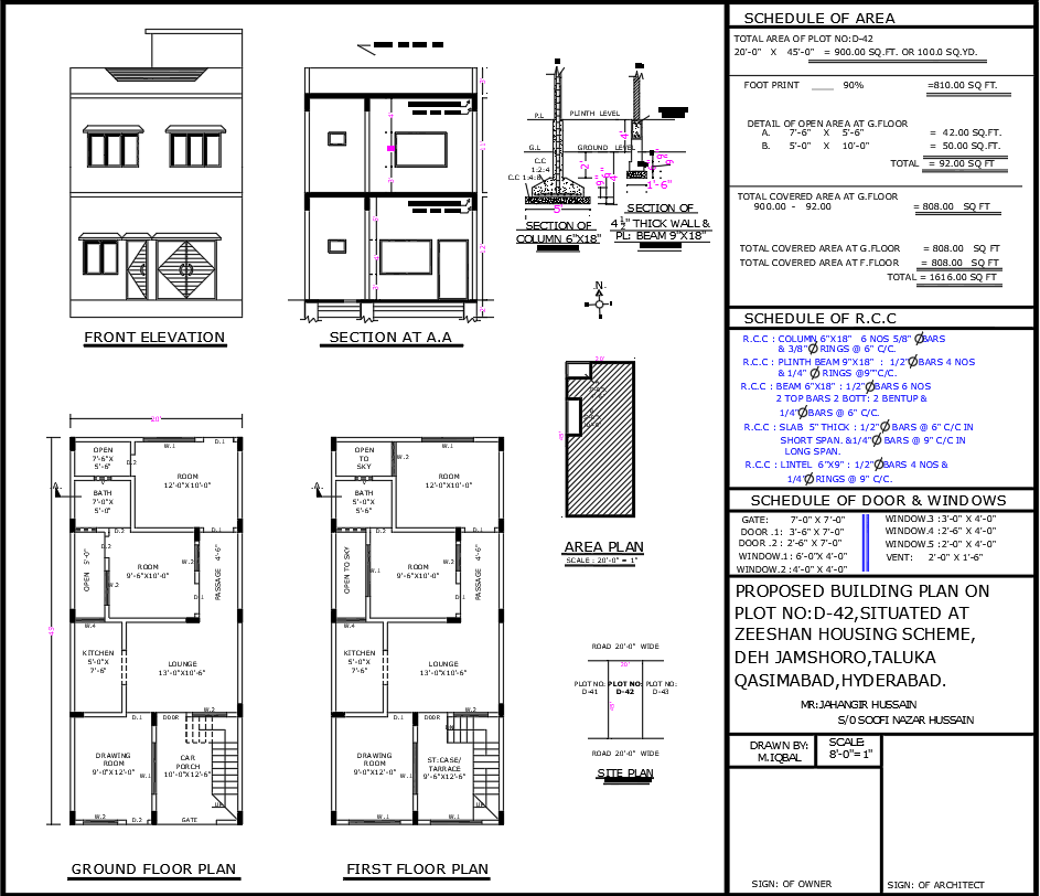 20ftx45ft 4BHK House Front Elevation and Section Plan