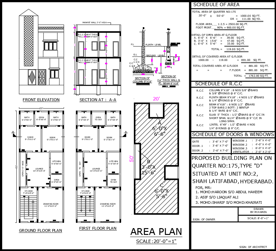 20ftx50ft 4BHK Ground and First Floor House Plan DWG File