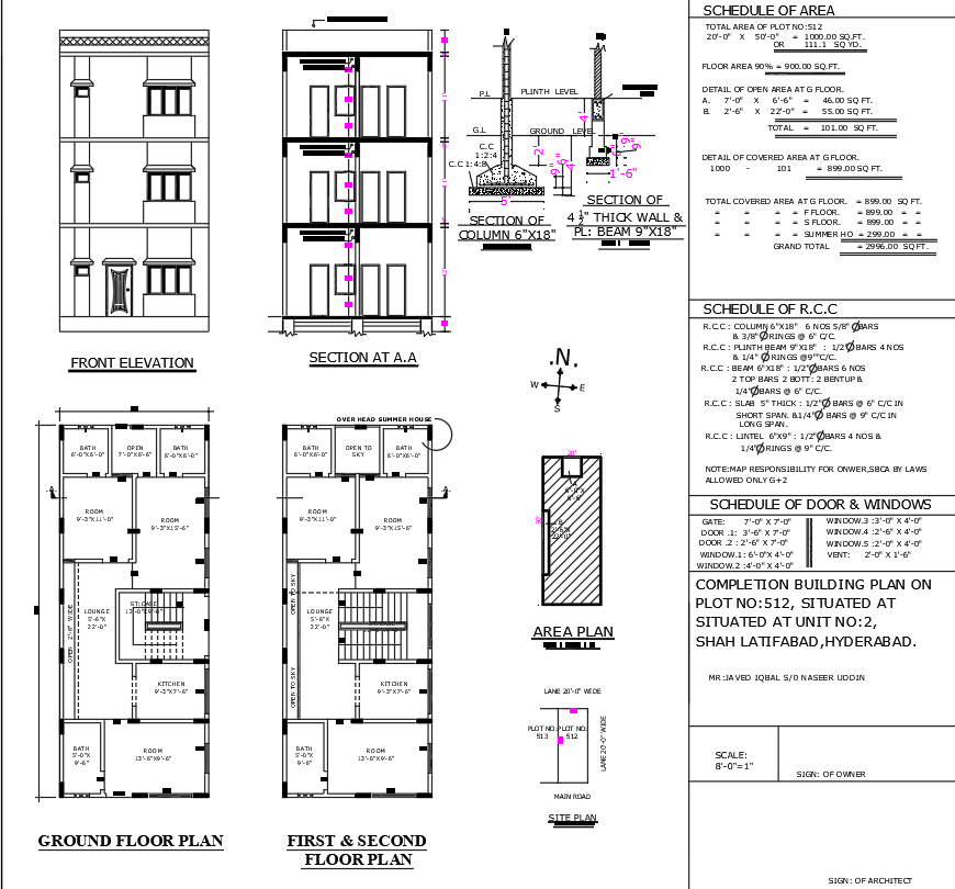 20ftx50ft 6BHK House Plan Ground First Second Floor DWG File