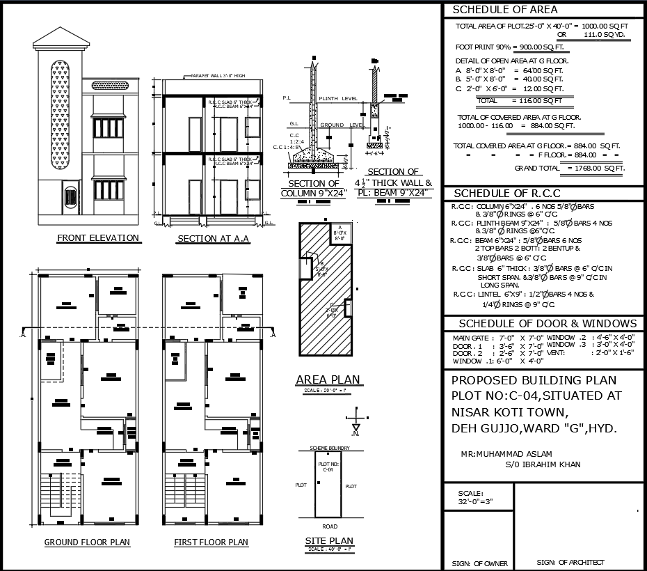 20ftx50ft House Plan DWG with Floor Section Elevation