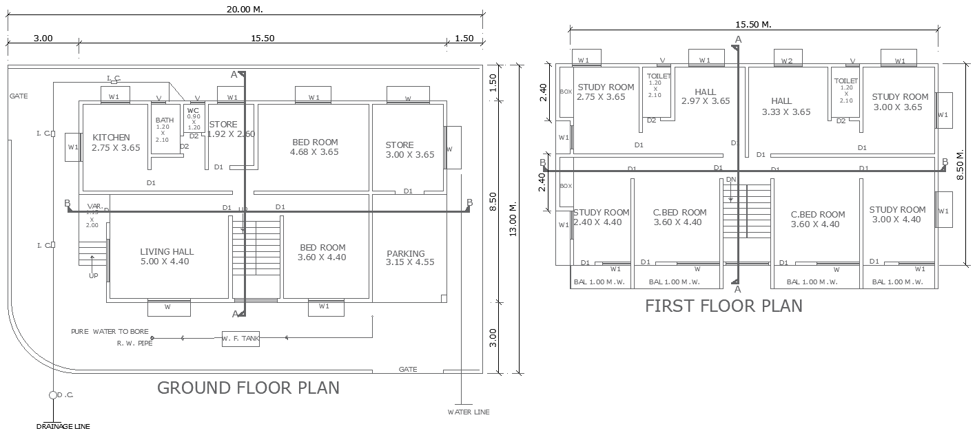 20mx13m Two Storey Residential Floor Plan in DWG Drawing