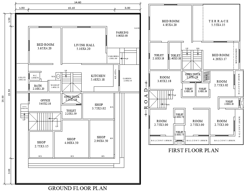 Two Floor 20mx14.60m House Plan DWG with Office Shop