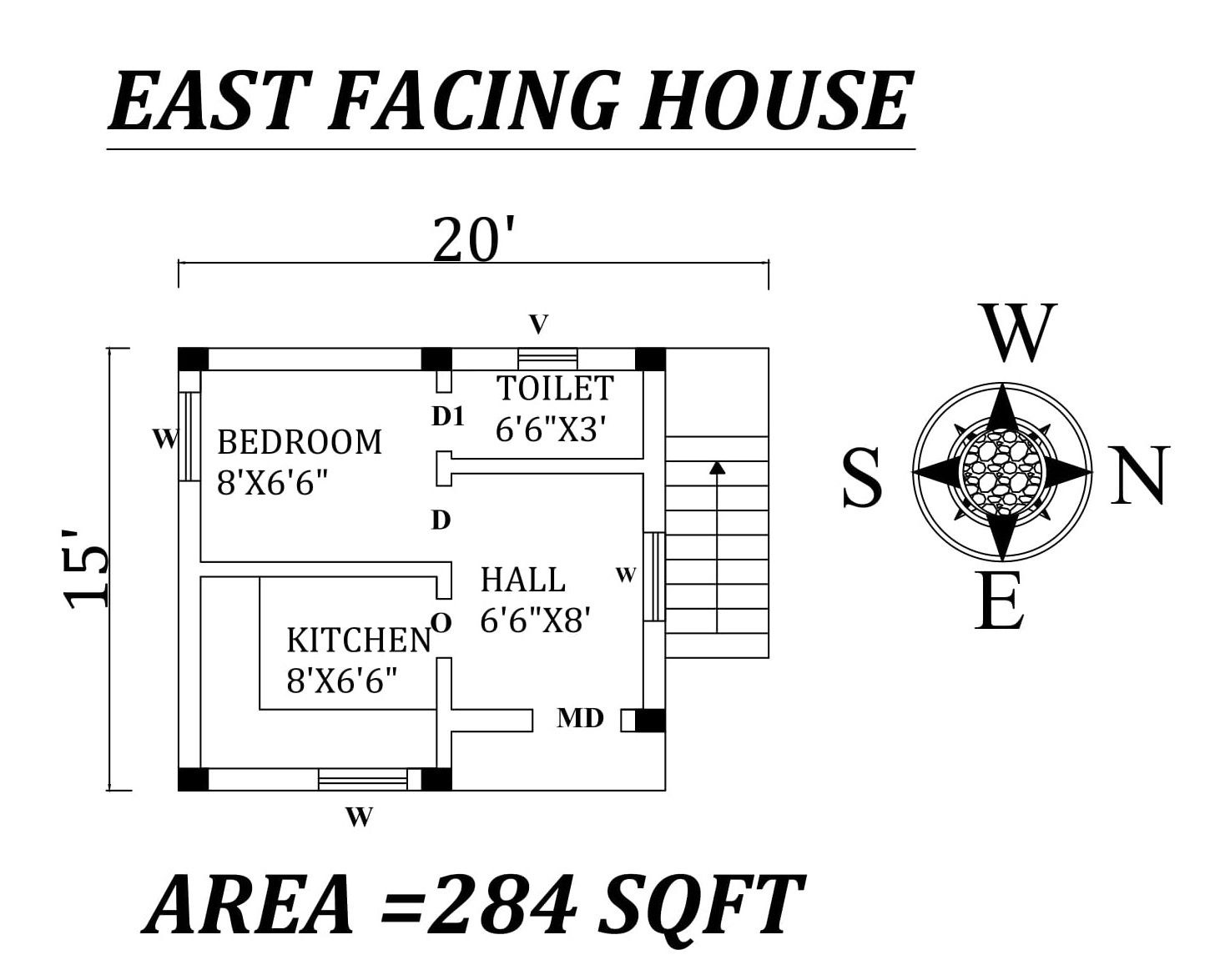 20' X 15' Single bhk East facing House Plan As Per Vastu Shastra,Autocad DWG and PDF file details