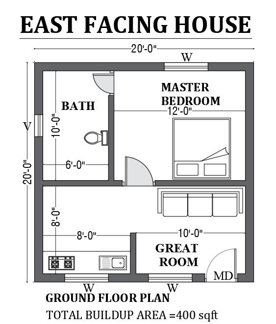 20’x20’ East facing house design as per vastu shastra is given in this FREE 2D Autocad drawing file. Download now.