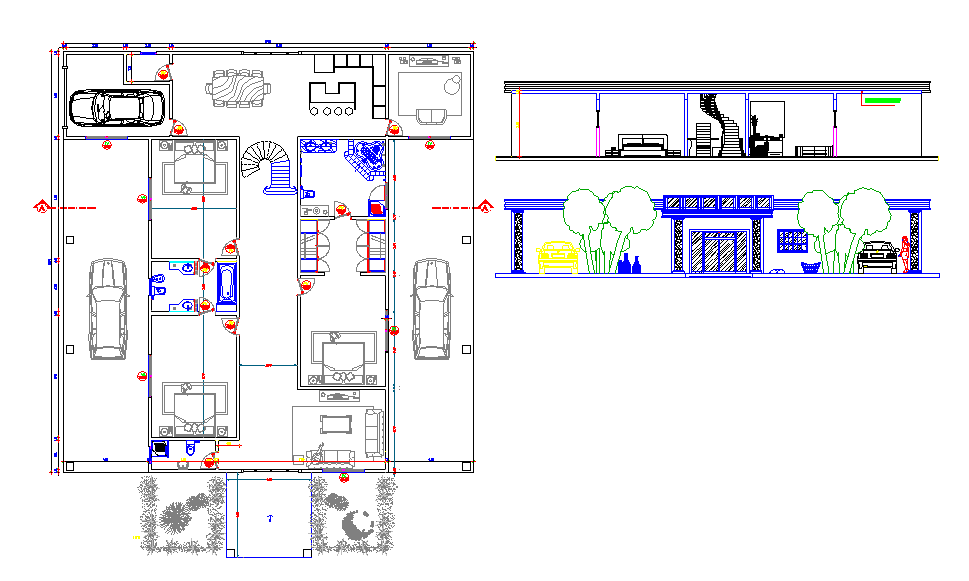 20x20 Meter 3 BHK House Plan With Elevation DWG File
