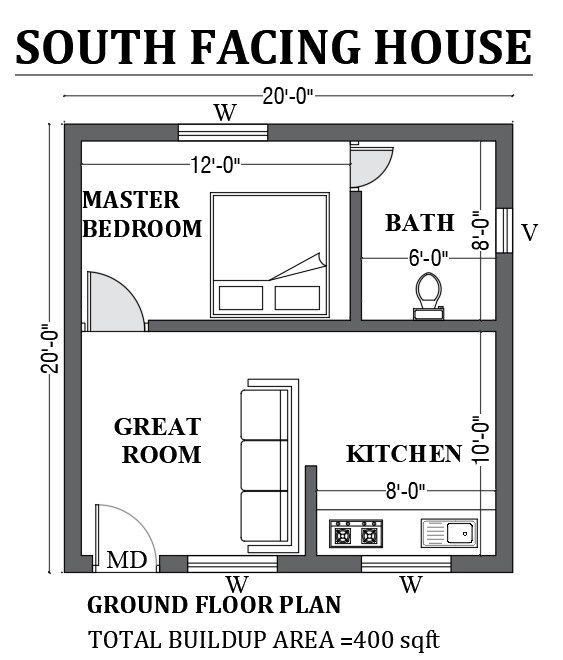 20’x20’ south facing house design as per vastu shastra is given in this FREE 2D Autocad drawing file. Download now.