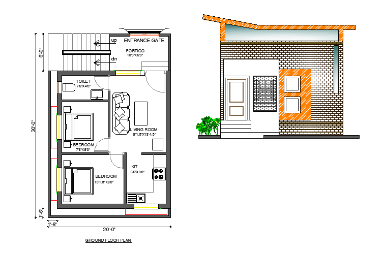 20’x30’ 2 BHK House Plan AutoCAD Drawing