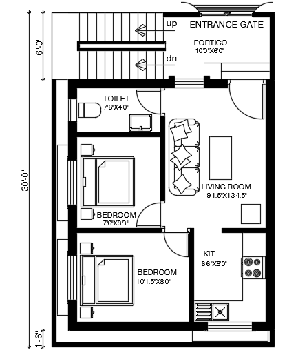 20’x30’ north facing house plan AutoCAD drawing is given in this file