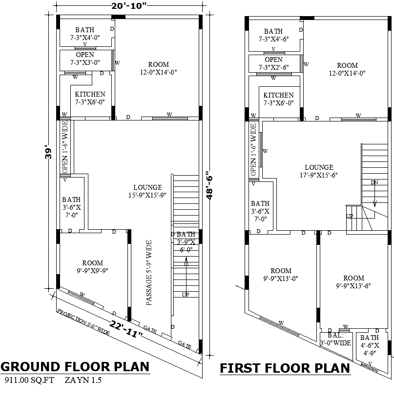 Small 911 sq Ft Two-story Residential Floor plan in DWG File