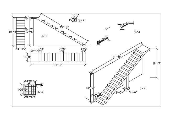 20’x3’ staircase plan and section view is given in this model