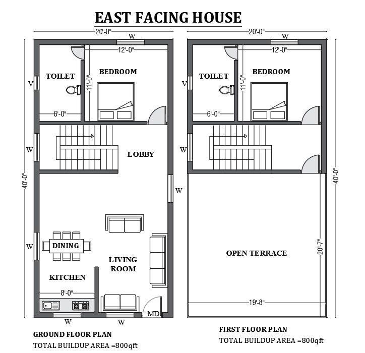 20’x40’ East facing home as per vastu shastra is given in this FREE 2D Autocad drawing file. Download now.